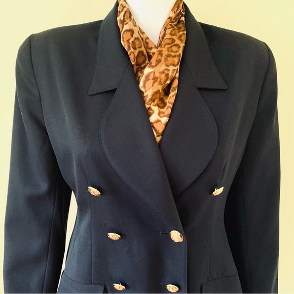 Navy blue pure virgin wool long blazer double breasted collar gold metal buttons - Picture 5 of 15
